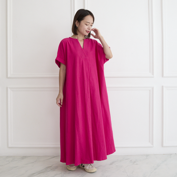 【着丈調整可能✨】コットン キーネック ワンピース　ピンク　0583PK