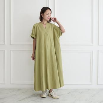 【着丈調整可能✨】コットン キーネック ワンピース　ピスタチオ　0583PT