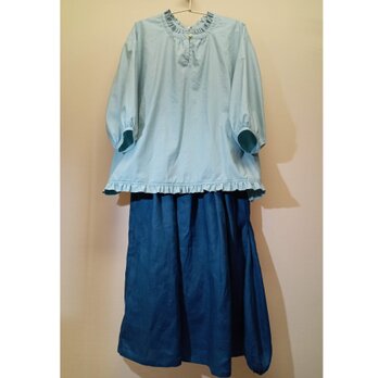 ☆【リネン100】アシメロングスカート◆ブルー◆フリーサイズ　～スカート～の画像