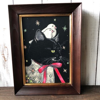 「タキ リボンの先に」SMサイズ額付きアート作品原画 猫 徳島洋子作品の画像