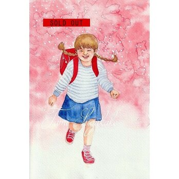 水彩画・原画「桜とピカピカの１年生」の画像