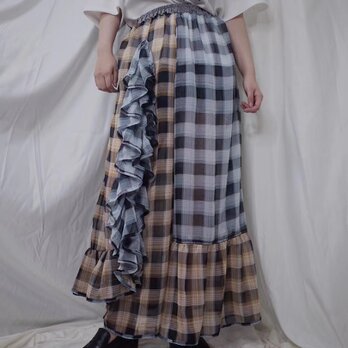 Check Flare Wide pants7001meikeiin handmade  original designの画像