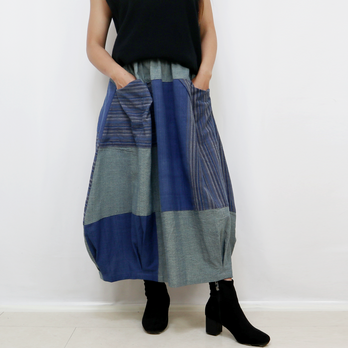 手織り綿インディゴパッチワークバルーンスカート、オールシーズンの画像