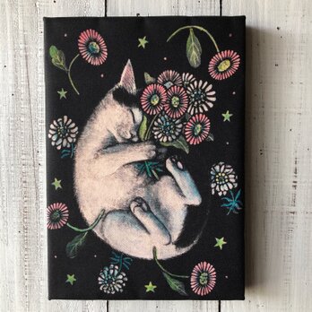 星月猫★アート「花を抱いて」絵画 木製パネル貼り SMサイズ 複製画「003」猫の画像