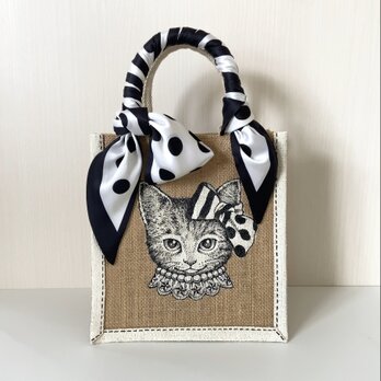 オリジナル 猫 縁有 手描き ジュートバッグ ねこ ネコ size S      ドット スカーフ 付　カゴバッグ かごバッグの画像