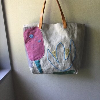 リネンのコラージュと刺し子のバッグ『花』の画像