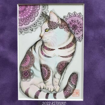 原画 1点もの 額装付き ボールペン画 日本人作家 紫陽花 猫 ネコ ねこ 紫陽花猫 絵画 絵 アート インテリアの画像