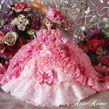 ベルサイユの薔薇 華の舞踏会ローズピンクグラデーションの高級ロココ調ロングトレーンドールドレスの画像
