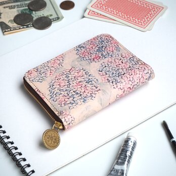 ラウンドファスナー コンパクト 財布（アジサイ）本革 ミニ 紫陽花の画像