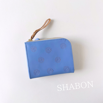 刺繍革財布『SHABON』はなだLightBlue×パープル（牛革）二つ折り☆ミニ財布☆の画像