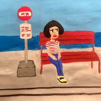 海辺のバス停の画像
