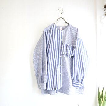 organic cotton frill pocket blouse (blue stripe)の画像