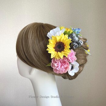 向日葵と白いアネモネのヘッドドレス　ヒマワリ　ひまわり　髪飾り　結婚式　ヘッドドレス　ウェディングの画像