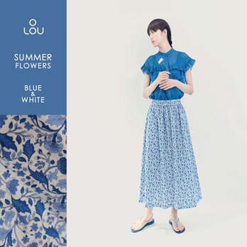 ★SALE30%OFF★花柄を楽しむ夏 ★残1枚★ 青 白 綿 ギャザー ロングスカート 花柄 ●LIVIA●