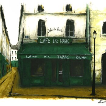 風景画 パリ 版画「街角の緑のひさしのあるレストラン」の画像