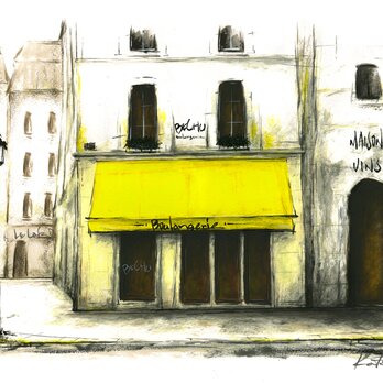 風景画 パリ 版画「街角の黄色いひさしのあるパン屋」の画像