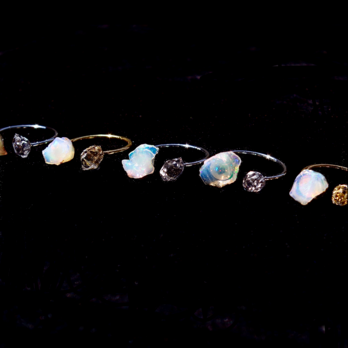オパール & ハーキマーダイヤモンド (水晶) 鉱物原石 フリーサイズリング 天然石 パワーストーン (No.2111)の画像