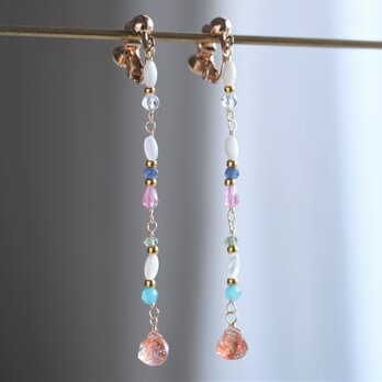 Orange sun stone long earring：サンストーン×サファイア×トルマリン×アマゾナイト×シェル　天然石の画像