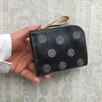 刺繍革財布『SHABON』牛革BLACK×アイボリー（二つ折り☆ミニ財布☆）の画像