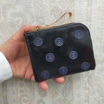 刺繍革財布『SHABON』牛革BLACK×ブルー（二つ折り☆ミニ財布☆）の画像