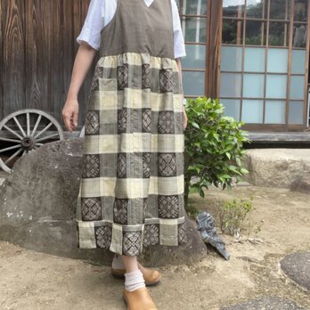 【着物リメイク】大島紬のジャンパースカート/ギャザー切り替えの画像