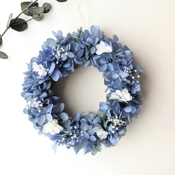 青いミニリース　春夏　ふわふわプリザーブドフラワー
