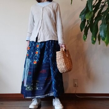 値下げ着物リメイクスカート☆藍色紬中心でレトロポップな大人スカート79cm丈の画像