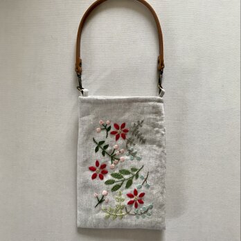 リネン製　ボタニカル刺繍のワンハンドルのミニバッグ　スマホポーチ　バッグインバッグの画像