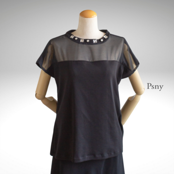PSNY 大人色っぽいフレンチスリーブTシャツ - シースルー・ビジュー2トップス TP05の画像