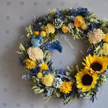 青い鳥とひまわりのwreathの画像