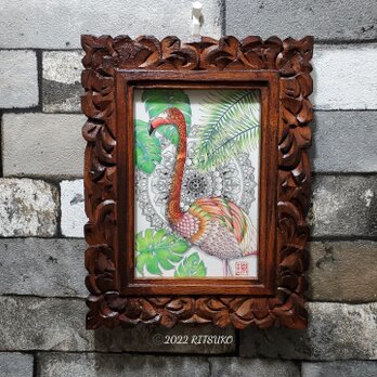 原画 1点もの 額装付き 色鉛筆画 ボールペン画 日本人作家 Flamingo 18cm×23cm 絵画 絵 アート インテリアの画像