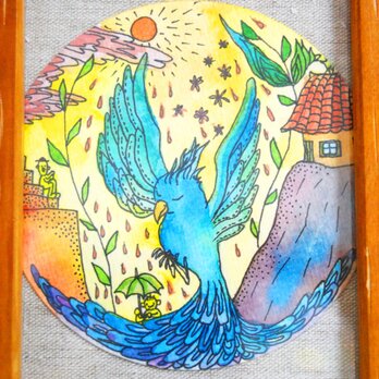 飛翔　幸せの青い鳥　原画　水彩画　インテリア　部屋飾り　ポストカードサイズの画像