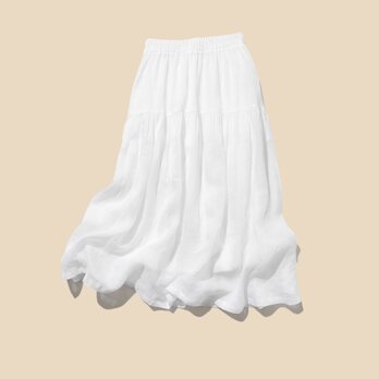 優しく揺れる、ゆるふわギャザースカート　リネンロングスカート　裏地付き　ホワイト　220512-1の画像