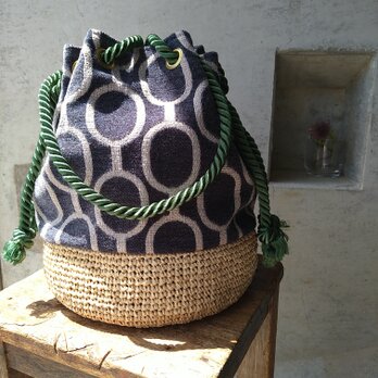 ラフィアとインポートファブリックの　Rope Drawstring Bag（　Green　）の画像