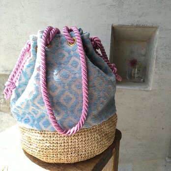 ラフィアとインポートファブリックの　Rope Drawstring Bag（Smokeypink）の画像