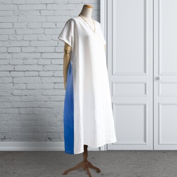 PSNY 麻 リネン・ホワイト・グラデーション・スカイブルーのサイドタック・ワンピース フレンチスリーブ マキシ丈 AP15