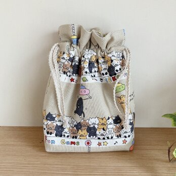 保温保冷シート付き巾着袋（おにぎり、ドリンク入れに）猫ちゃんクレーンゲーム