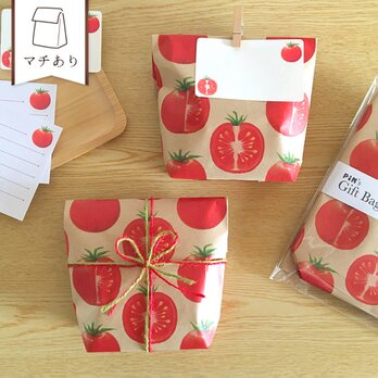 トマトのギフトバッグ〈5枚入〉マチあり紙袋 ペーパーバッグ ラッピング袋 野菜 おしゃれ クリスマスギフト バレンタインの画像