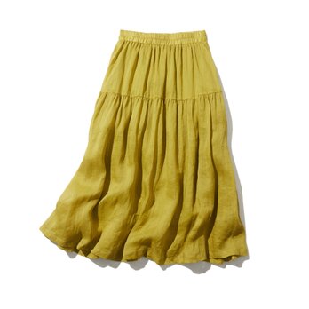 優しく揺れる、ゆるふわギャザースカート　リネンロングスカート　裏地付き　明るい黄緑色　220512-3の画像