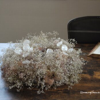 「プシュケー」wreath　 　かすみ草とスモークツリーのリース　　ルナリア　　ドライフラワーリース　の画像