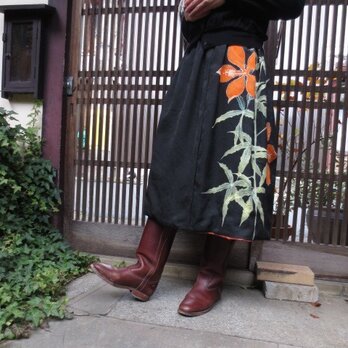 着物リメイク☆黒地の振り袖と縞の紬でリバーシブル73㎝丈の画像
