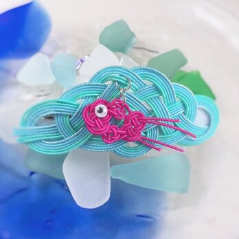 水引【ゆらゆら金魚】バレッタ　夏祭り　浴衣に　アクア　水色の画像