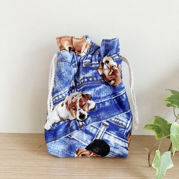 保温保冷シート付き巾着袋（おにぎり、ドリンク入れに）デニム犬の画像