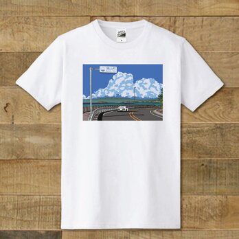 Tシャツ　湘南イラスト　湘南イラスト・Tシャツ　葉山、長者ヶ崎のコーナーを駆け抜けるトヨタ2000GT　「長者ヶ崎の向こうに」の画像