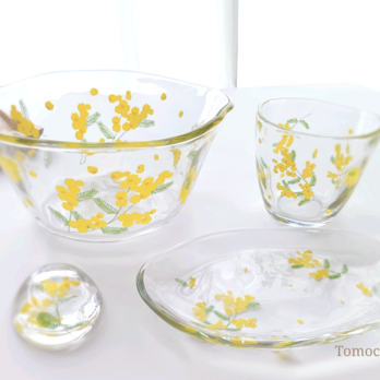 【受注制作】ミモザのてびねりガラスそうめん鉢セット(そうめん鉢、カップ、小皿、箸置き)の画像