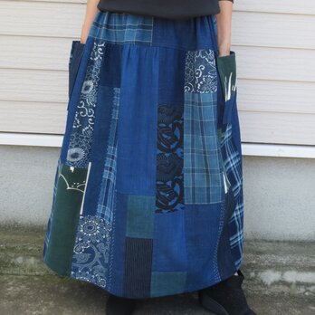 【Ｙ様専用】　古布リメイク　２段ギャザースカート　藍染　型染　格子木綿　着物リメイク　綿１００％の画像