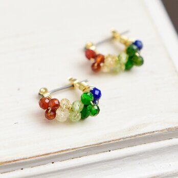 夏限定【チタンピアス・小】七色花火・雨上がりの虹色 レインボーのレースフープ フープピアス　カラフル　天然石の画像