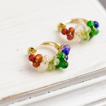 夏限定【イヤリング・小】七色花火・雨上がりの虹色 レインボーのレースフープ　フープイヤリングの画像