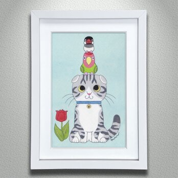 絵本作家の原画「猫と花と小鳥ブレーメン スコティッシュフォールド B」の画像