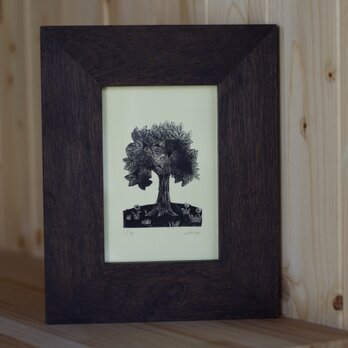 「木と花」額付き　紙版画　の画像